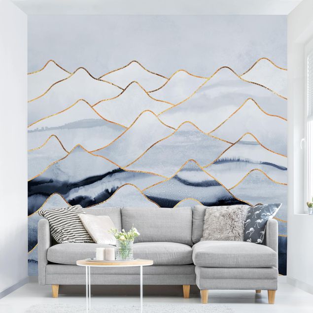 Wanddeko Wohnzimmer Aquarell Berge Weiß Gold