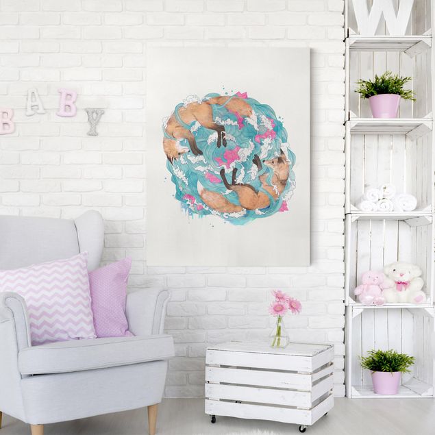 Wanddeko Wohnzimmer Illustration Füchse und Wellen Malerei