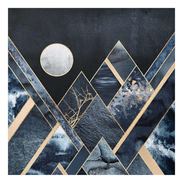 Wanddeko Esszimmer Goldener Mond abstrakte schwarze Berge