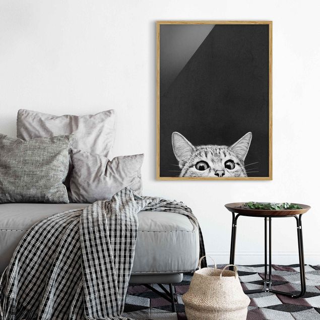 Wanddeko Wohnzimmer Illustration Katze Schwarz Weiß Zeichnung
