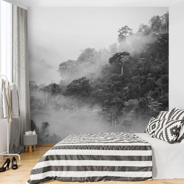 Wanddeko Büro Dschungel im Nebel Schwarz Weiß