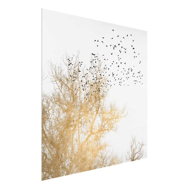 Wanddeko Esszimmer Vogelschwarm vor goldenem Baum