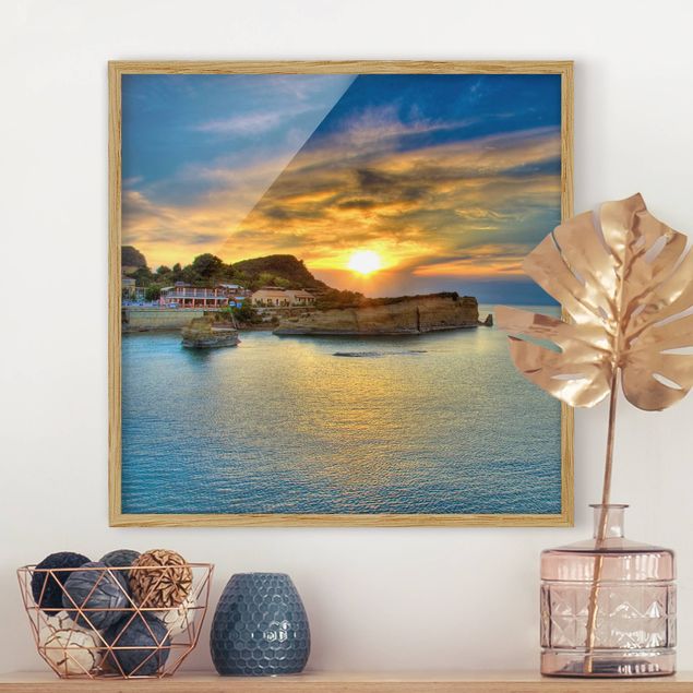 Strandbilder mit Rahmen Sonnenuntergang über Korfu