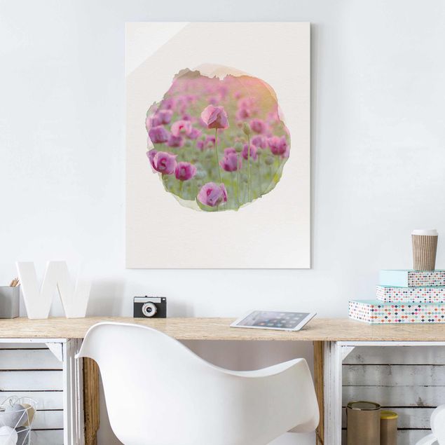 Wandbilder Mohnblumen Wasserfarben - Violette Schlafmohn Blumenwiese im Frühling