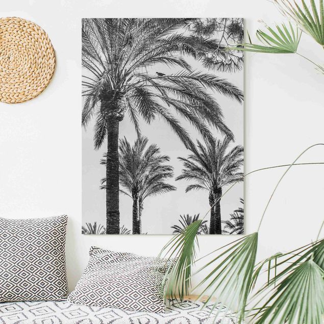 Wanddeko Wohnzimmer Palmen im Sonnenuntergang Schwarz-Weiß