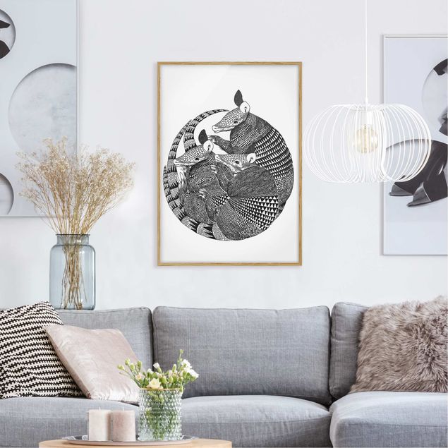 Wanddeko Wohnzimmer Illustration Gürteltiere Schwarz Weiß Muster