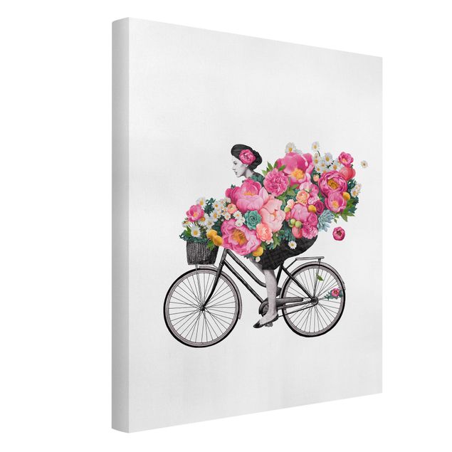 Wohndeko Blume Illustration Frau auf Fahrrad Collage bunte Blumen