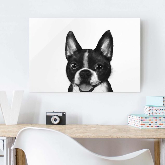 Wanddeko über Sofa Illustration Hund Boston Schwarz Weiß Malerei