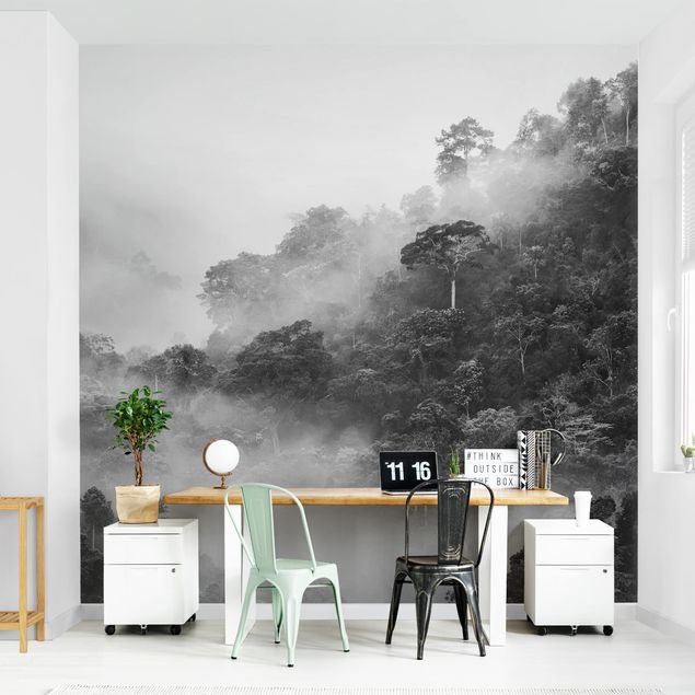 Wanddeko Wohnzimmer Dschungel im Nebel Schwarz Weiß