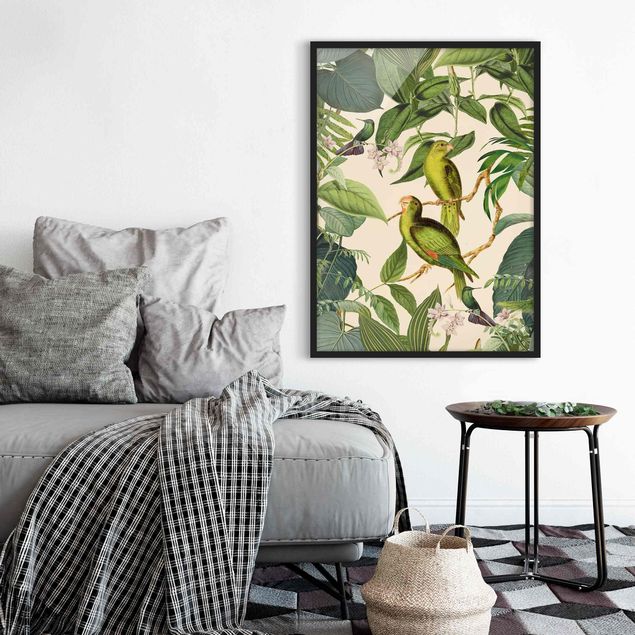 Wanddeko Schlafzimmer Vintage Collage - Papageien im Dschungel
