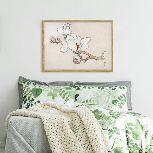 Wanddeko Schlafzimmer Asiatische Vintage Zeichnung Weiße Magnolie