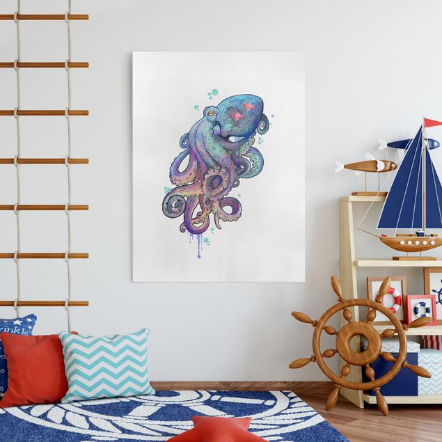 Leinwandbild Fisch Illustration Oktopus Violett Türkis Malerei