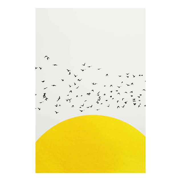 Wanddeko Büro Vogelschwarm vor gelber Sonne