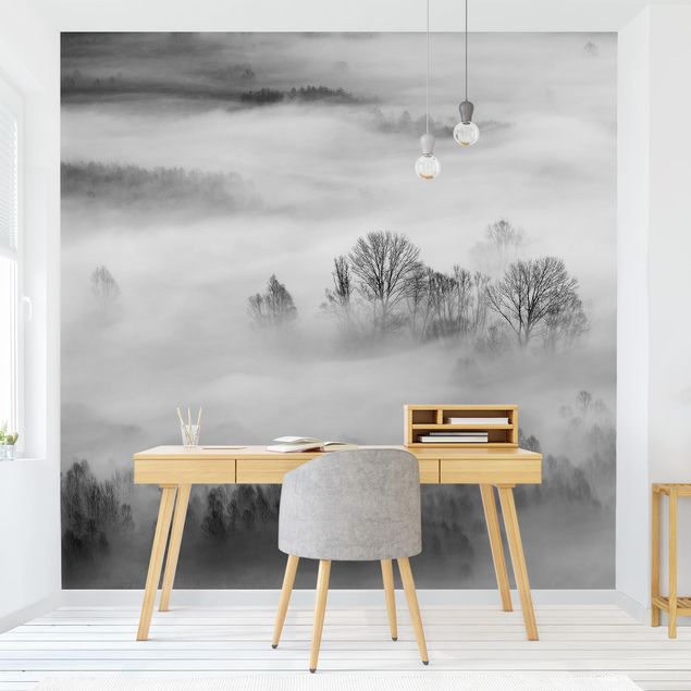 Wanddeko Wohnzimmer Nebel bei Sonnenaufgang Schwarz Weiß
