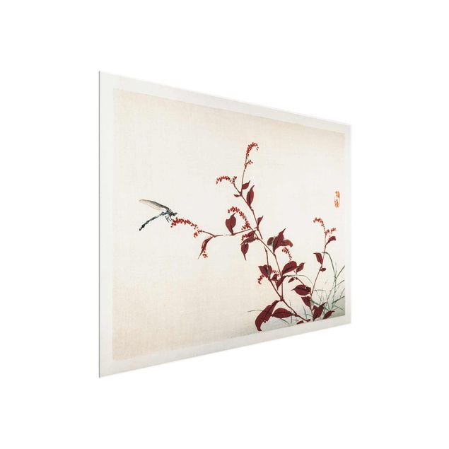 Wanddeko Büro Asiatische Vintage Zeichnung Roter Zweig mit Libelle