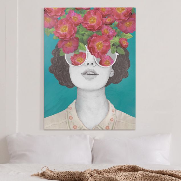 Wanddeko Büro Illustration Portrait Frau Collage mit Blumen Brille