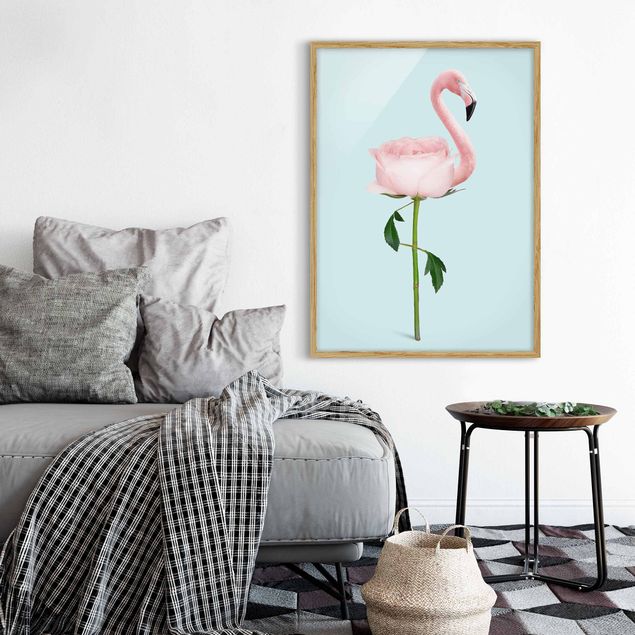 Wanddeko Wohnzimmer Flamingo mit Rose
