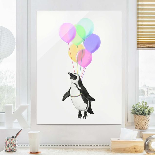Wanddeko über Sofa Illustration Pinguin Pastell Luftballons