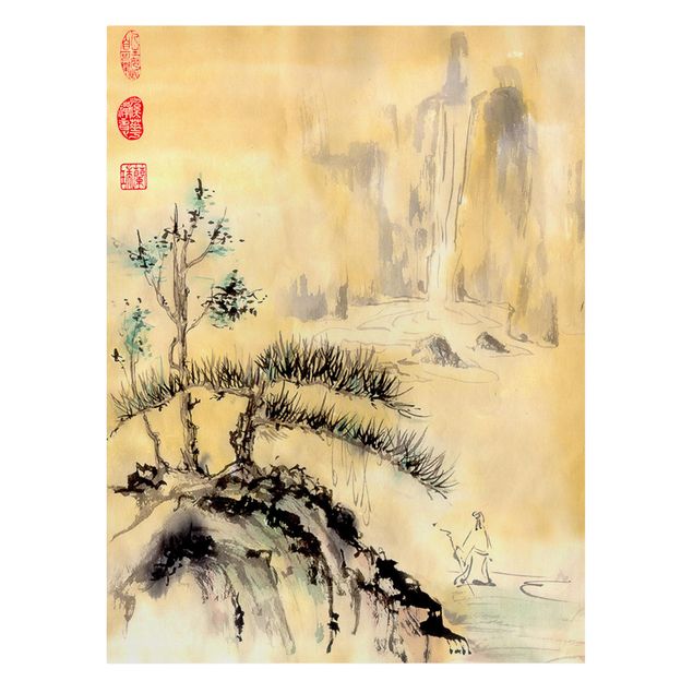 Wanddeko Esszimmer Japanische Aquarell Zeichnung Zedern und Berge