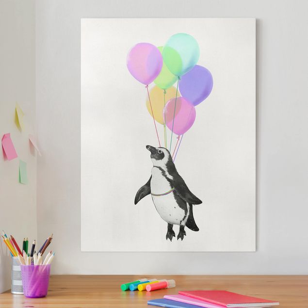 Leinwand Vögel Illustration Pinguin Pastell Luftballons