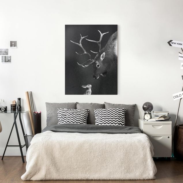 Wanddeko Wohnzimmer Illustration Hirsch und Hase Schwarz Weiß Malerei