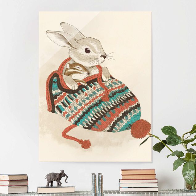 Wanddeko über Sofa Illustration Kuschelnder Hase in Mütze