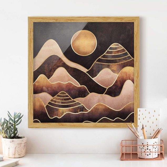Wanddeko Wohnzimmer Goldene Sonne abstrakte Berge