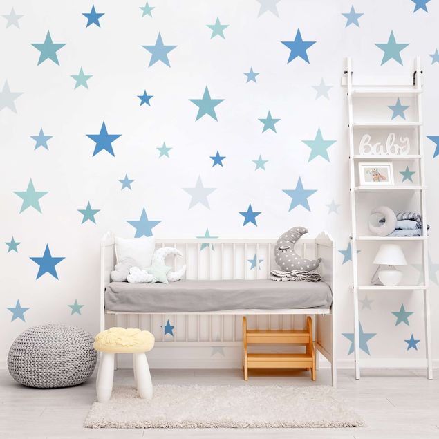 Wanddeko Babyzimmer 92 Sterne Blau Grau Petrol Set
