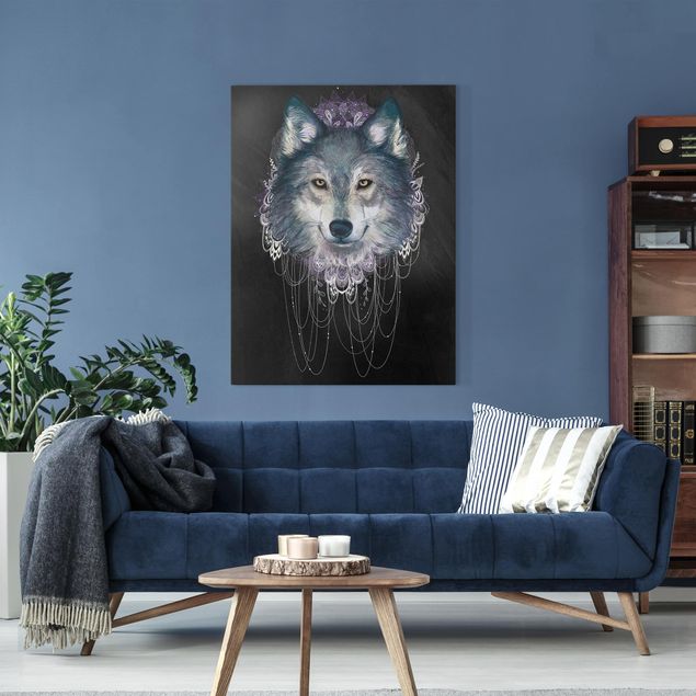 Wanddeko Wohnzimmer Illustration Wolf mit Boho Traumfänger Schwarz