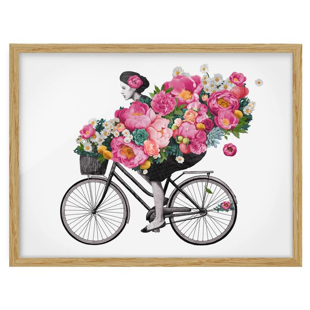 Wanddeko Flur Illustration Frau auf Fahrrad Collage bunte Blumen