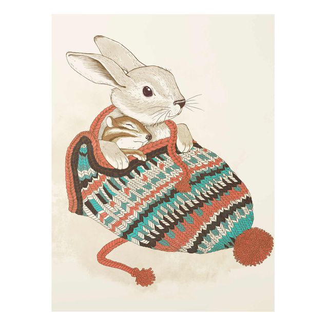 Wanddeko Esszimmer Illustration Kuschelnder Hase in Mütze