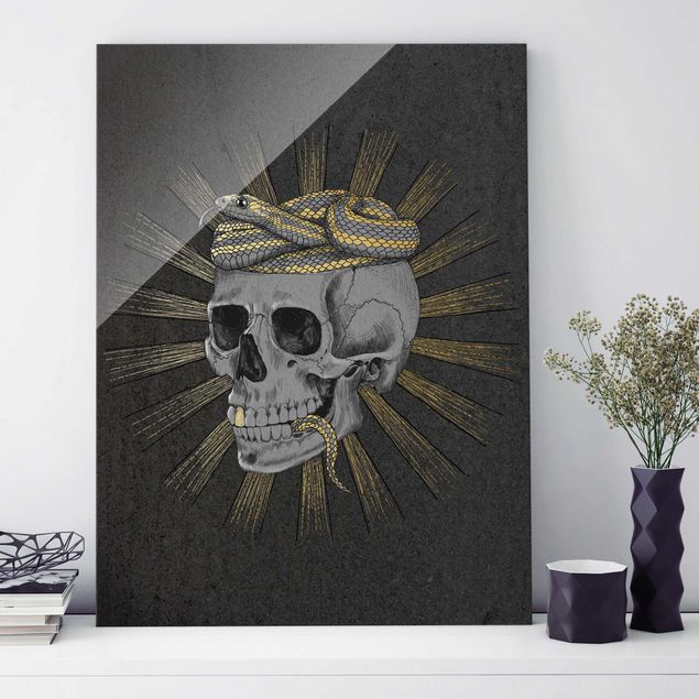 Wanddeko schwarz Illustration Totenkopf und Schlange Schwarz Gold