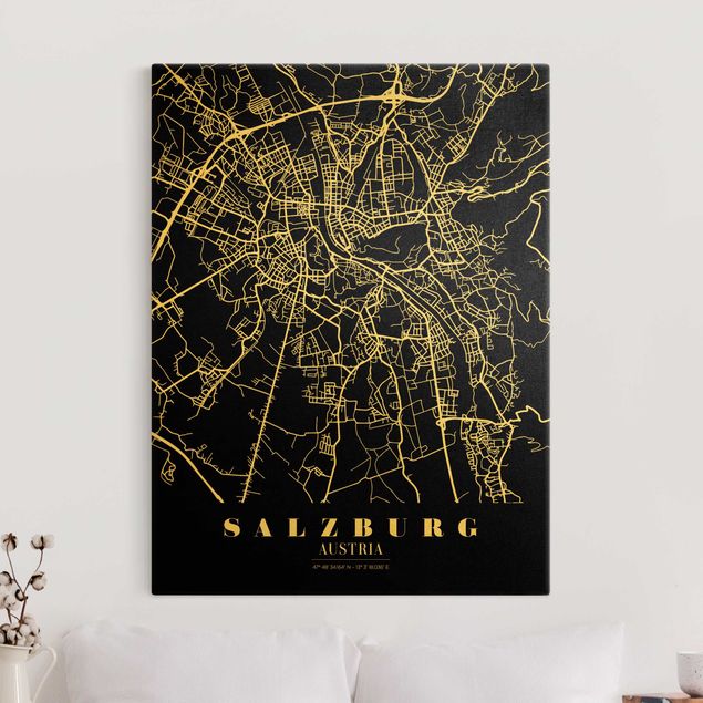 Wanddeko Wohnzimmer Stadtplan Salzburg - Klassik Schwarz
