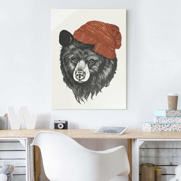 Wandbilder Bären Illustration Bär mit roter Mütze Zeichnung