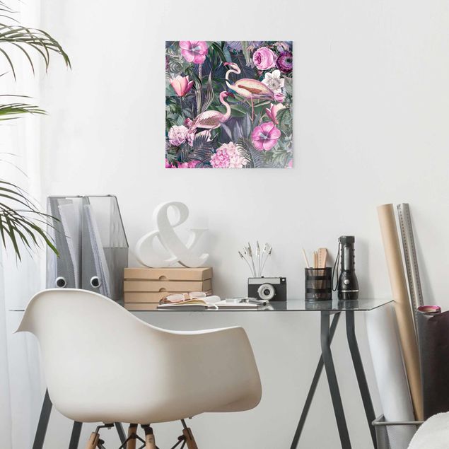 Deko Blume Bunte Collage - Pinke Flamingos im Dschungel