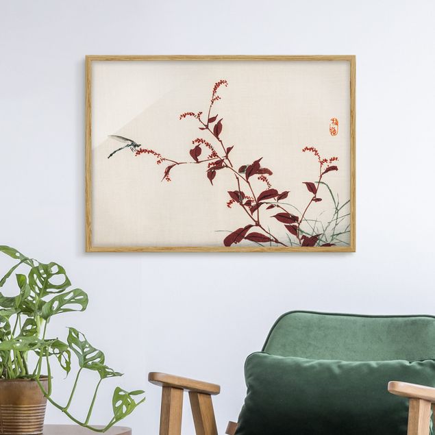 Wanddeko Wohnzimmer Asiatische Vintage Zeichnung Roter Zweig mit Libelle