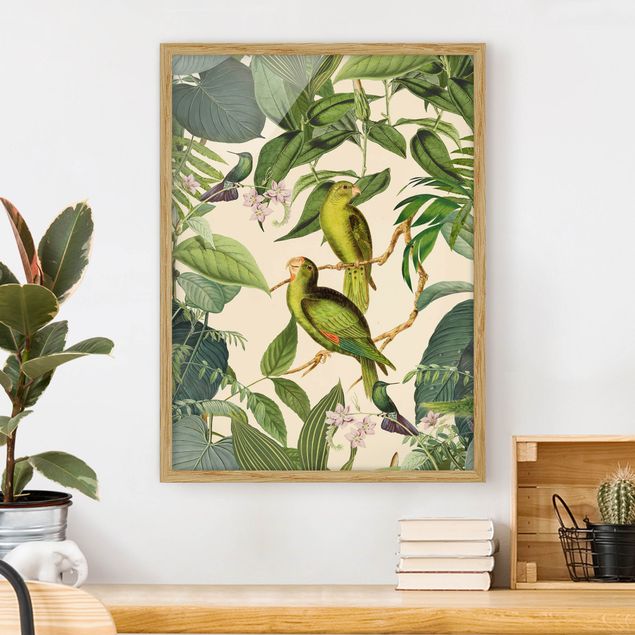 Wanddeko Wohnzimmer Vintage Collage - Papageien im Dschungel