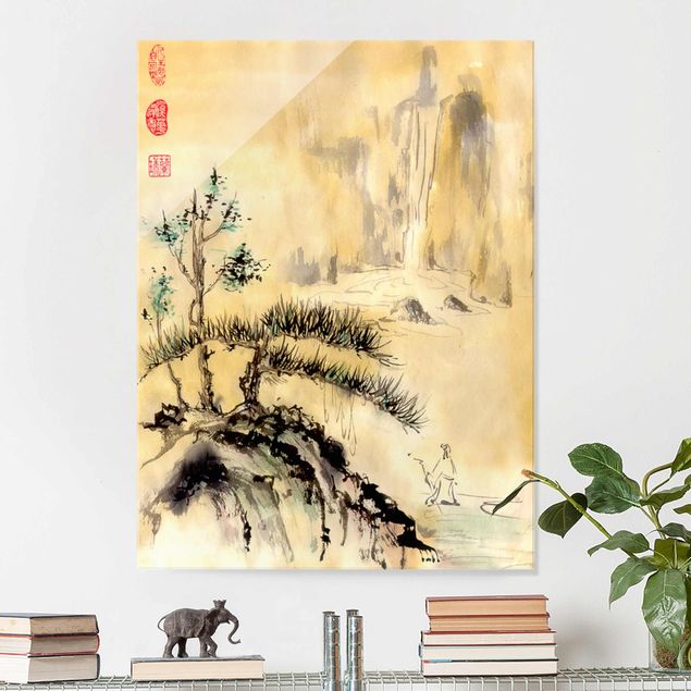 Wanddeko gelb Japanische Aquarell Zeichnung Zedern und Berge