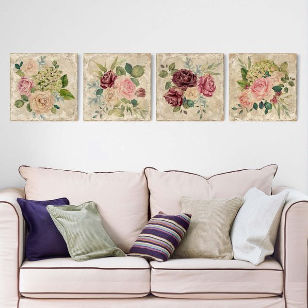 Wanddeko Wohnzimmer Vintage Rosen und Hortensien