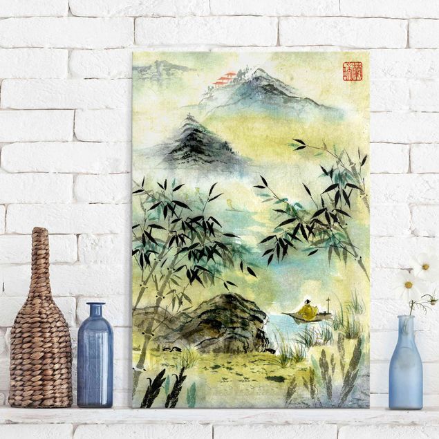 Wandbilder Asien Japanische Aquarell Zeichnung Bambuswald