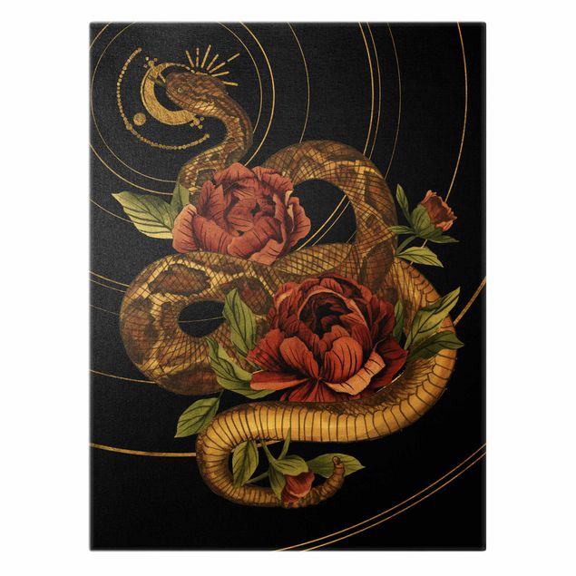 Wanddeko schwarz Schlange mit Rosen Schwarz und Gold I
