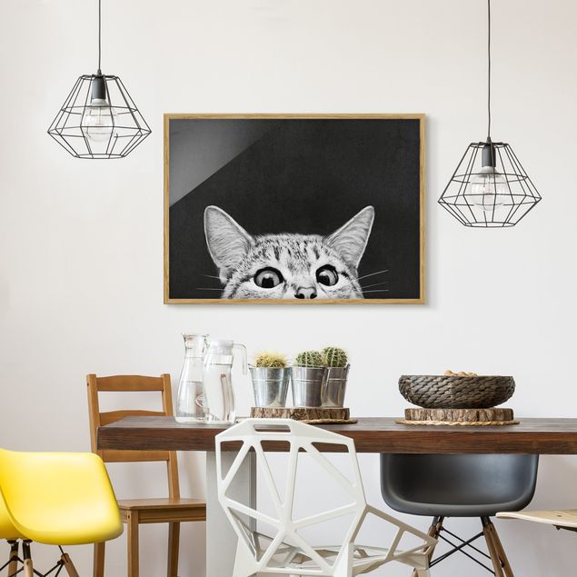 Wanddeko Wohnzimmer Illustration Katze Schwarz Weiß Zeichnung