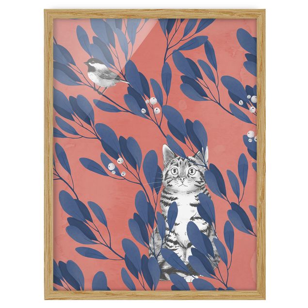 Wanddeko Esszimmer Illustration Katze und Vogel auf Ast Blau Rot