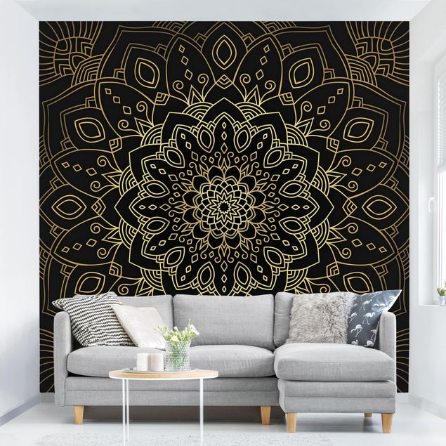 Wanddeko Wohnzimmer Mandala Blüte Muster gold schwarz
