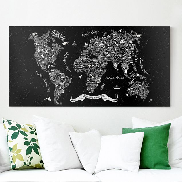 Wanddeko Wohnzimmer Typografie Weltkarte schwarz