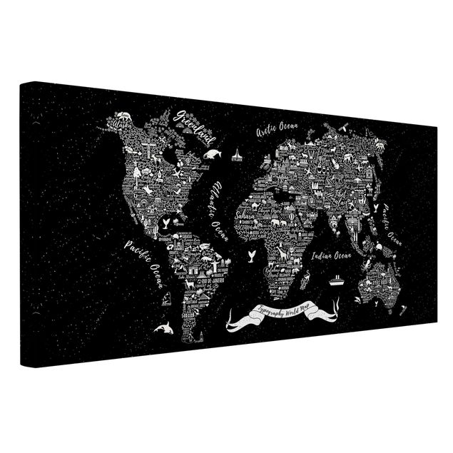 Wanddeko Esszimmer Typografie Weltkarte schwarz
