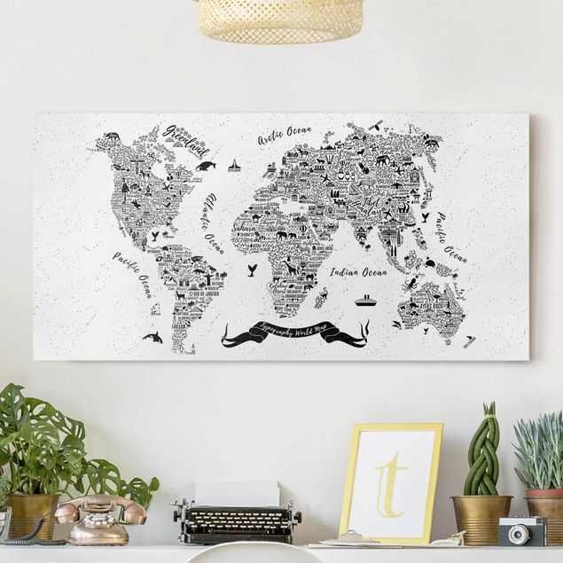 Wanddeko Wohnzimmer Typografie Weltkarte weiß