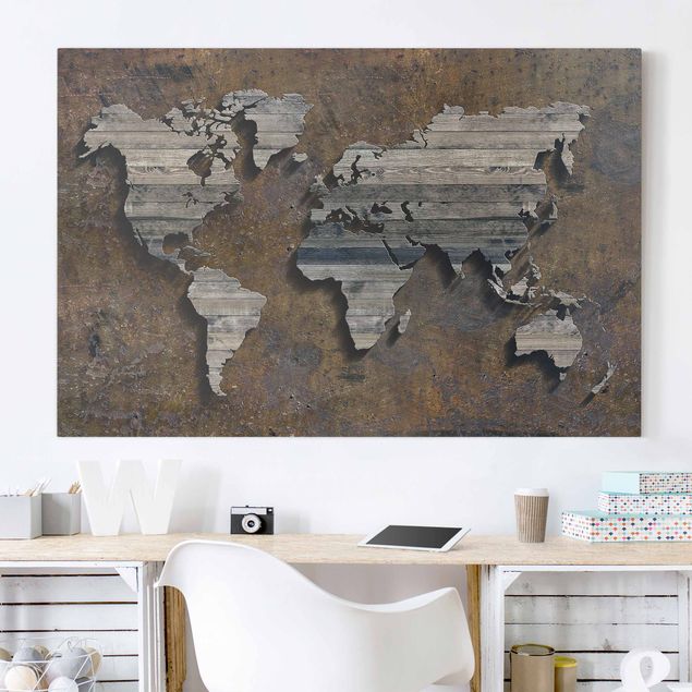 Wanddeko Wohnzimmer Holz Rost Weltkarte