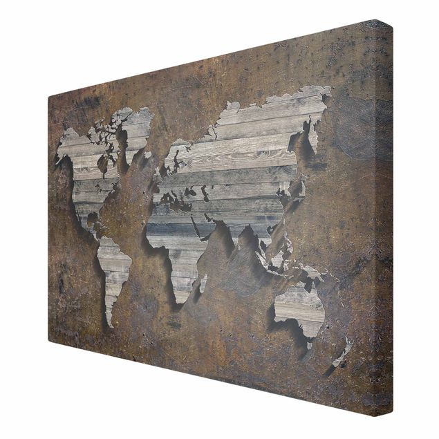 Wanddeko Büro Holz Rost Weltkarte