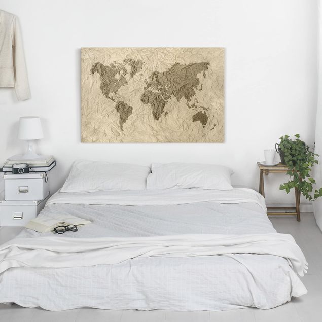 Wanddeko Schlafzimmer Papier Weltkarte Beige Braun